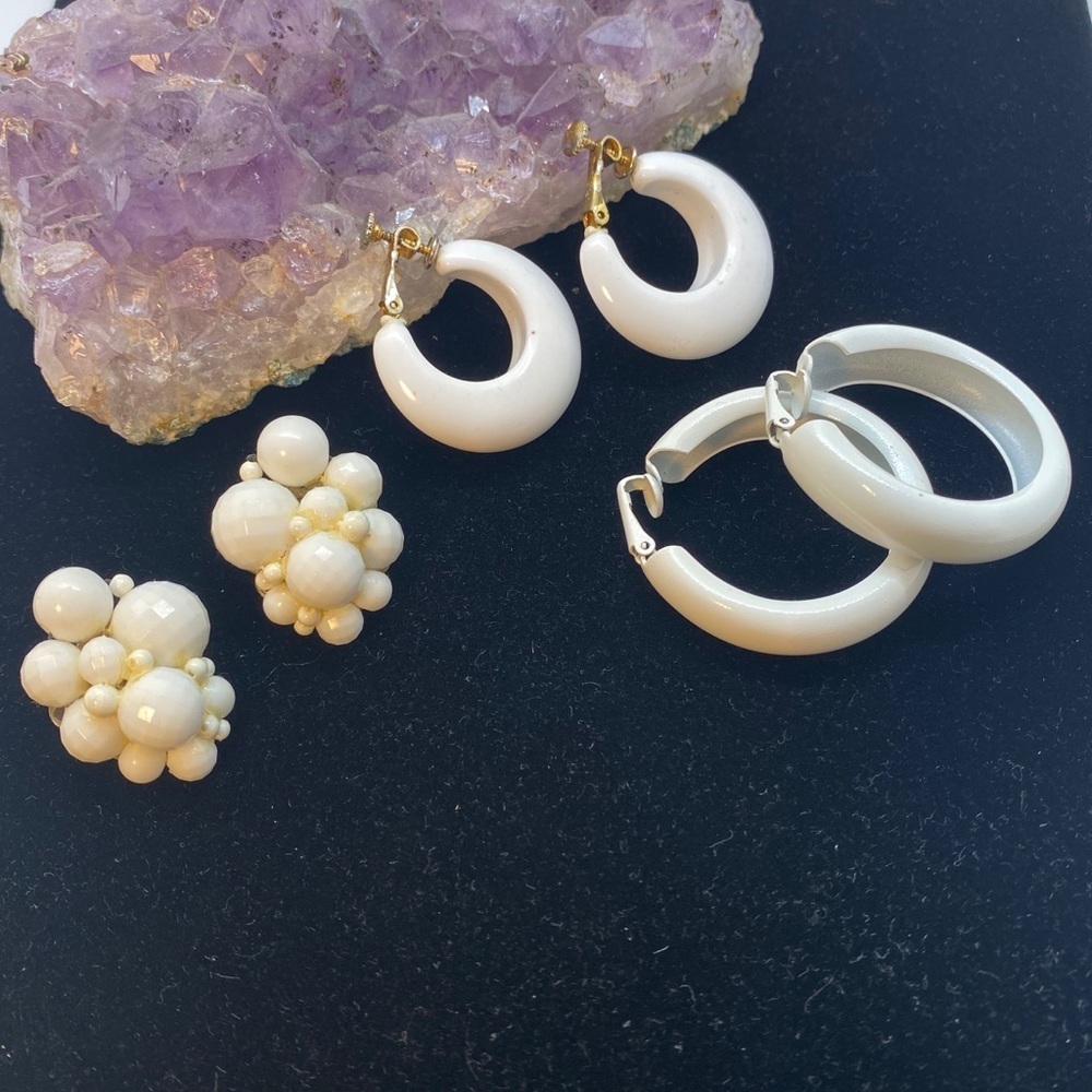 Vintage White Earrings—Set of 3 Clip-Ons